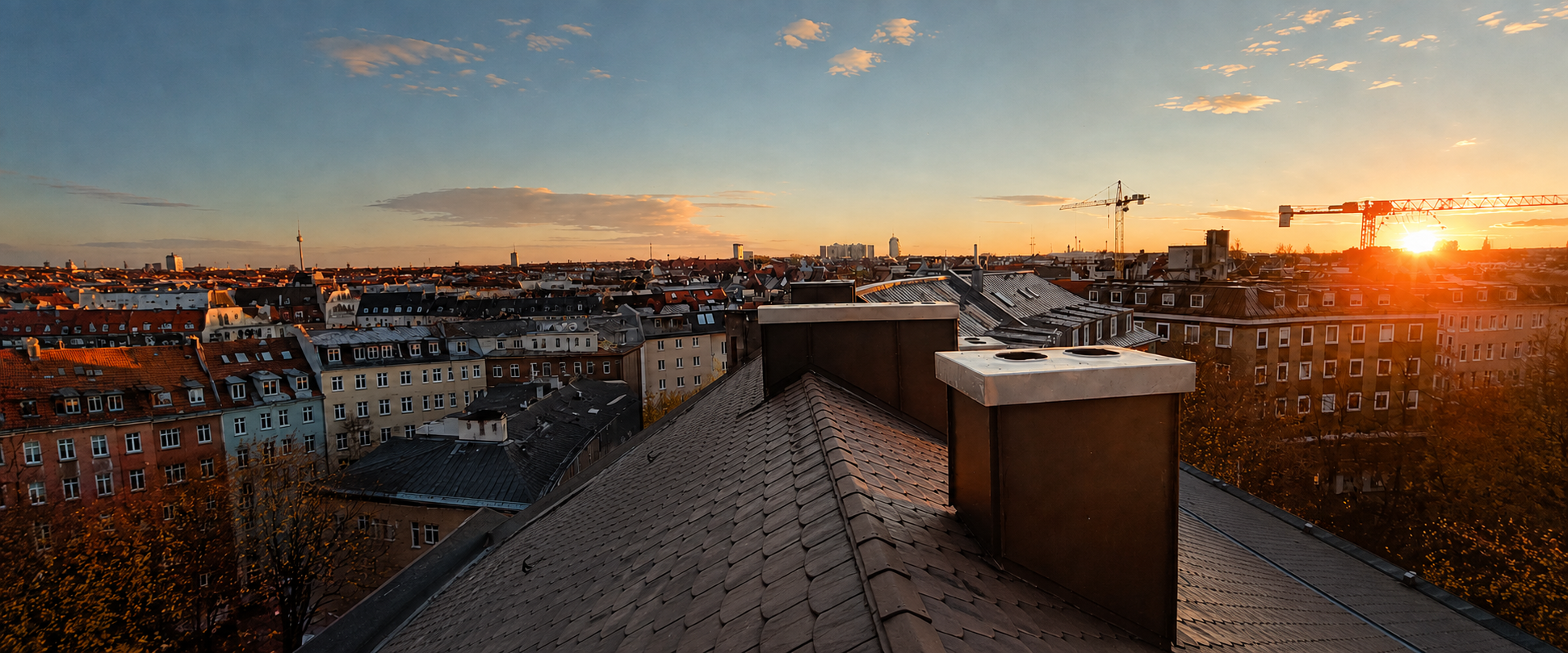 Blick über die Münchner Dächer bei Sonnenuntergang